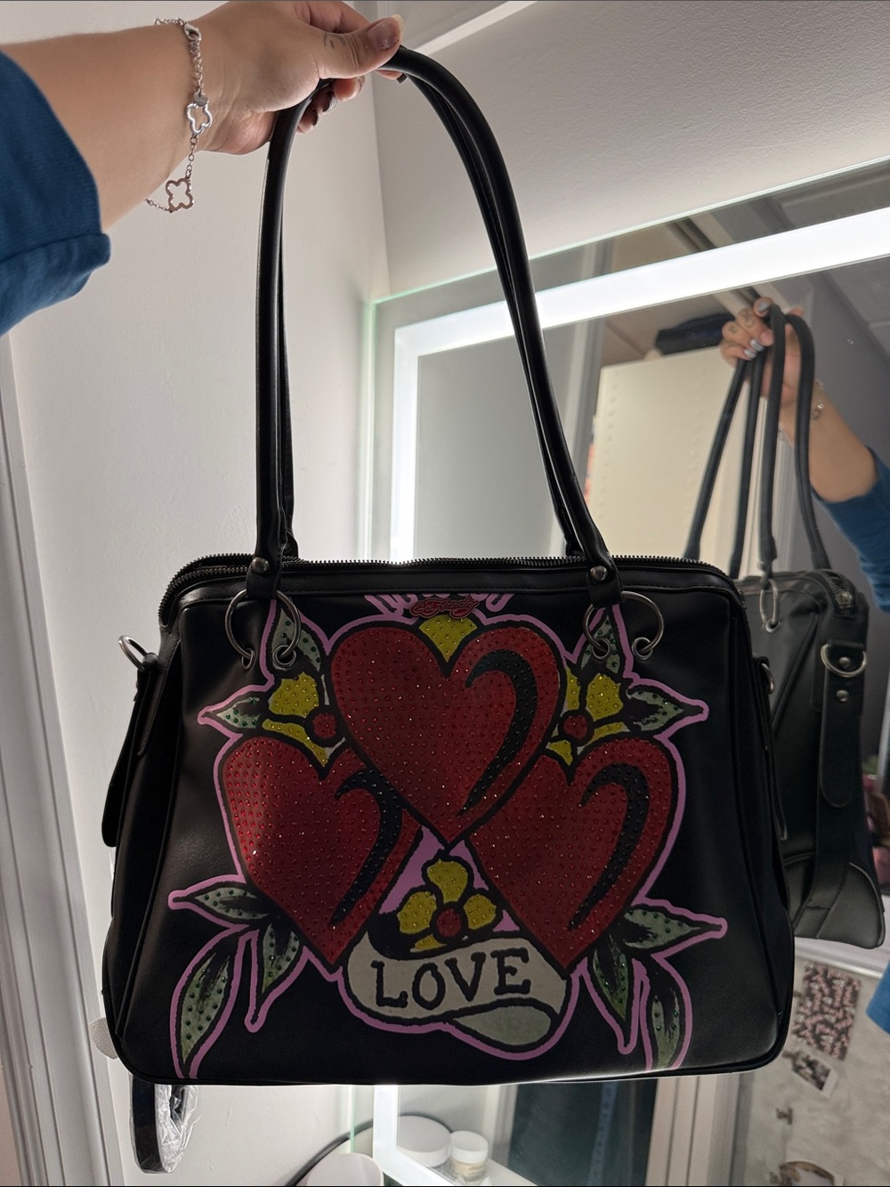 Ed Hardy Black Shoulder Bag with Red Heart Graphic and Pink Accents